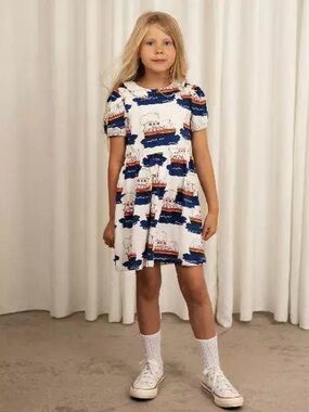 Mini Rodini White Dress with Navy and Red Boat Motif